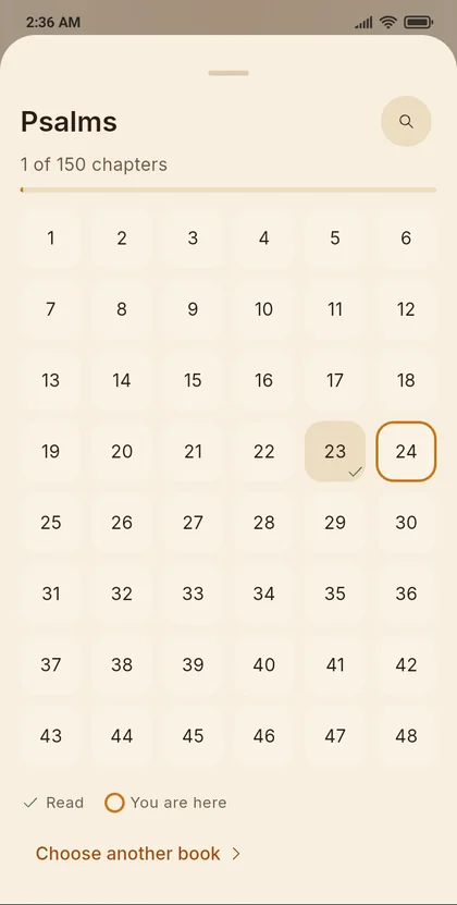 Chapter grid for Psalms, with chapters read ticked