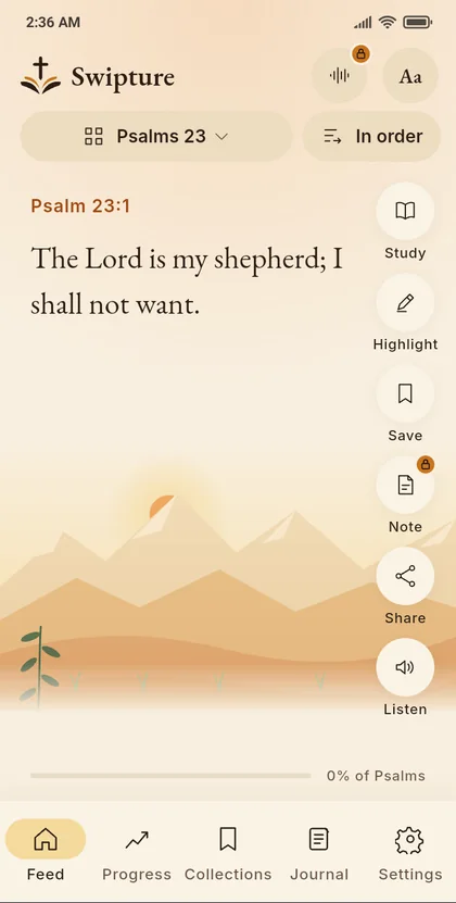 Swipture feed showing one verse with its action rail