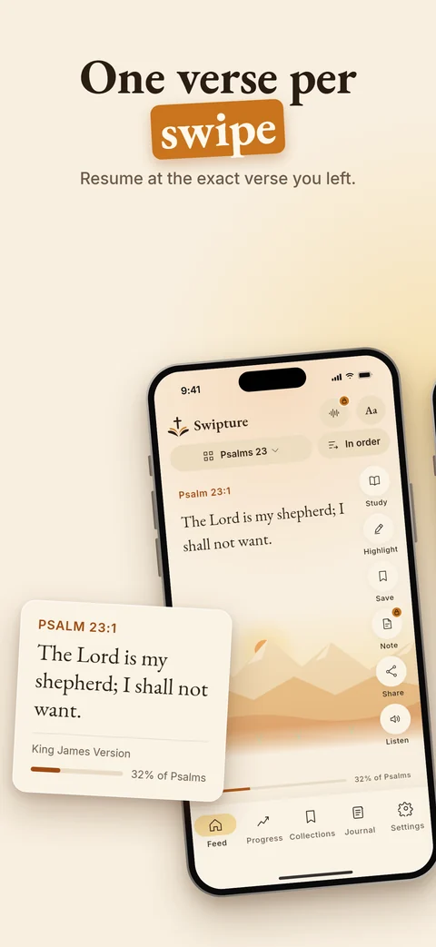 One verse per swipe: Psalm 23:1 on the feed, resuming at the exact verse you left.
