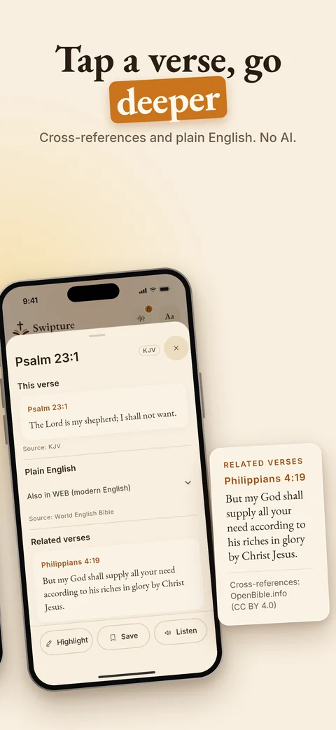 Tap a verse to go deeper: cross-references and the same verse in plain English.
