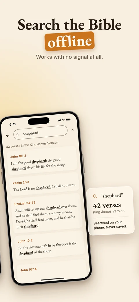 Search the Bible offline: 42 verses for shepherd, and the search is never saved.