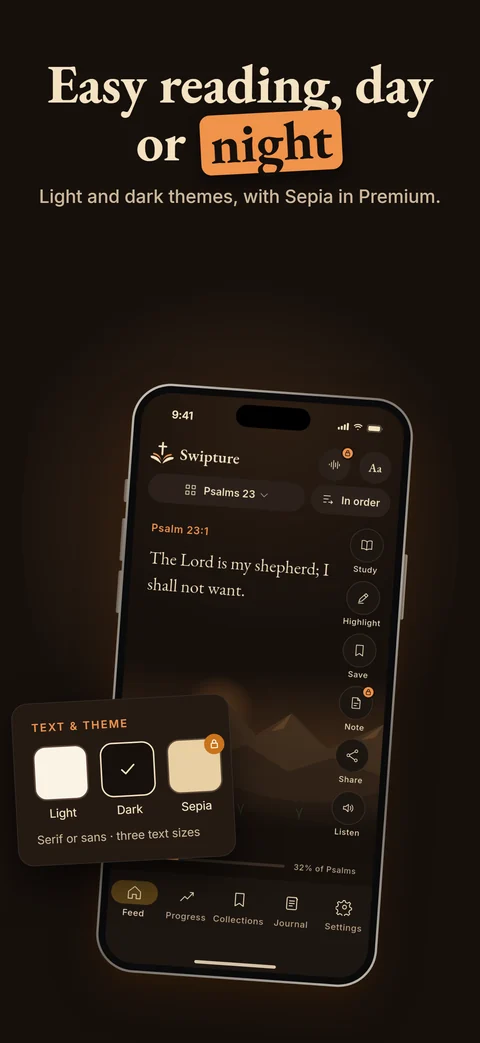 Easy reading day or night, in Light or Dark theme.